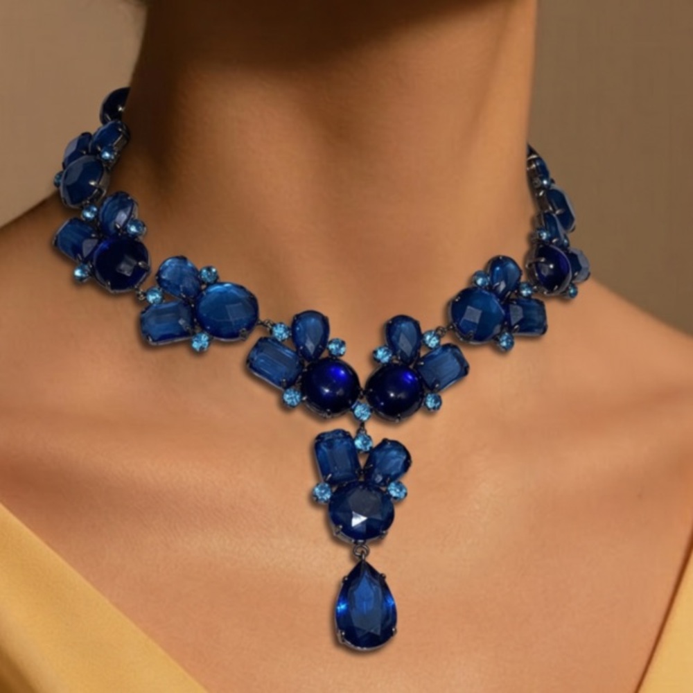 Signed, Scaasi CN, Blue Crystal Rhinestones Statement Necklace Arnold Isaacs